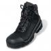 A professional black boots photographed against a white background. The boots feature a sturdy build with a tall shaft and thick sole, and are adorned with the Uvex Quatro logo. Perfect for any outdoor activity.