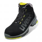 The photo depicts a pair of Uvex Boots UVEX 1 Safety Boots in black and yellow. The boots are a size 5 and have the product name and code visible on the side. The sturdy design and vibrant colors are eye-catching.