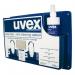 The photograph shows the Uvex Lens Cleaning Station, measuring 340mm in width, 480mm in length, and 165mm in height. The station is equipped with all the essentials for complete lens cleaning, including a UV light for thorough disinfection. Its sleek design and compact size make it a convenient addition to any workspace.