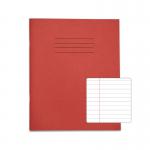 The image shows a pack of 100 red exercise books by Rhino Stationery, each measuring 8 x 6.5 inches with 120 pages. The books have a sturdy cover and blank lined pages inside, perfect for school or office use.