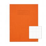 The photograph captures a stack of vibrant orange Rhino Stationery Exercise Books, measuring 9 x 7 inches with 80 pages each. The clear and bold RHINO label is prominently displayed on the cover, showcasing its high-quality and durability. This pack of 100 books, neatly packaged, is perfect for classroom or office use.