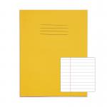 The photograph shows a stack of 100 exercise books from Rhino Stationery. The books have a blue cover with the Rhino logo and product name. Each book measures 9 x 7 inches and contains 64 lined pages. The F8M label is visible on the spine of each book. The books look sturdy and perfect for school or office use.
