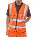 The image shows a group of high visibility vests in vibrant orange color, with the brand name Beeswift Executive embroidered on the front. The vests have reflective stripes and a sleek design, making them perfect for outdoor work or events. One vest, labeled as size 4XL, stands out in the foreground.