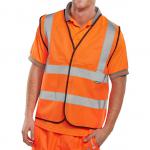 The image features bright orange Beeswift high visibility vests, with a full application design. The vests are waist-length and have a Beeswift logo on the front. They are great for staying visible and safe while working in high-risk environments.