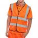 This image shows several high visibility vests from Beeswifts B-Seen line. The vests come in a bright orange color and are labeled with the EN ISO 20471 compliance mark. They are also labeled as size XL for extra large.