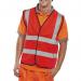 A vibrant red Beeswift high visibility vest with a full application of Hi Viz on the waistcoat. It is designed to provide optimal visibility, making it ideal for working in low light conditions. The high visibility material stands out against the bright red fabric for maximum safety.