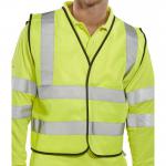 A photo of Beeswift High Visibility Vests Beeswift Short Waistcoat App G Saturn Yellow L WCENGSHL reveals a bright yellow vest with reflective strips, designed for increased visibility and safety in various work environments. The vest has a shorter length and a comfortable fit, perfect for staying visible and protected.