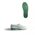 This photograph features a pair of bright white Dunlop Wellington shoes, with the brand name prominently displayed on the side. The shoes have a sleek, modern design and are in a size 10. They have a sturdy sole and a comfortable fit, making them ideal for outdoor activities and rainy days.