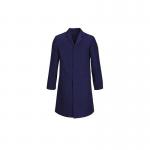 The image shows a navy blue Beeswift warehouse coat in size 4XL. The garment appears to be made of heavy-duty material and features a button-up front, long sleeves, and a large chest pocket. The brand name, Beeswift, is prominently displayed on the chest and sleeve.