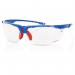 The photograph shows a pair of clear Beeswift Sports Style Safety Spectacles. The sleek design features an adjustable nose piece and comfortable ear pieces for a secure fit. The lenses provide full eye protection, perfect for any active lifestyle.