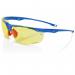 The image shows a pair of yellow sports style safety spectacles from Beeswift, designed to provide eye protection. The sleek frame and tinted lenses are visible, along with the brand logo on the side. These spectacles are suitable for a variety of outdoor activities.