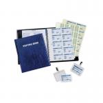 The image shows a durable visitors book with 100 badge inserts. The book is lined and has a sturdy cover, while the badge inserts are neatly organized in the front cover pocket. The book is open to a page with visitor information recorded and room for more entries.
