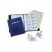 The image shows a durable visitors book with 100 badge inserts. The book is lined and has a sturdy cover, while the badge inserts are neatly organized in the front cover pocket. The book is open to a page with visitor information recorded and room for more entries.