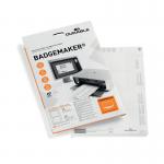 This photo shows a pack of 40 Durable Badgemaker insert sheets, each measuring 61x150mm. The sheets are designed for creating durable name badges and have the product number 145902 DB14059.
