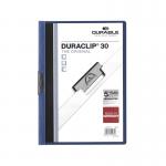 The image shows a pack of 25 dark blue Durable 3mm DURACLIP file folders, perfect for organizing A4 size documents. The files are sturdy and made to last, with durable clip fasteners to securely hold papers in place. The deep blue color adds a professional touch to any office setting.