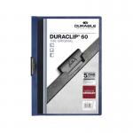 The picture shows a dark blue, A4 size DURACLIP file with a thickness of 6mm. The file is made of durable material and has a clip mechanism for secure storage of important documents. The pack contains 25 files, all of which are designed to last. The files have a professional and sleek appearance, making them suitable for office use.