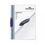 This photograph shows a stack of dark blue durable clip folders, each capable of holding up to 30 A4 sheets. The unique swingclip design securely holds papers in place without the need for punching holes. A pack of 25 is included in this set.