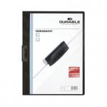 The picture shows a set of Durable Clip Files, specifically the DURAQUICK Clip Folder in A4 size. The clip folder is colored black and comes in a pack of 20. Each clip file is adorned with the Durable logo in bold white letters. The clip file has a sturdy and durable build, perfect for securely holding and organizing important documents. The clip mechanism is strong and reliable, ensuring that papers are held firmly in place. The sleek design of the clip folder makes it suitable for both personal and professional use.