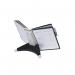The durable desk display units, Durable SHERPA TABLE10 Display Panel System, feature a sleek black and grey design. The units are sturdy and can hold various documents and papers for easy organization.