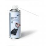 This photo features a can of Durable Powerclean Standard 400 Compressed Air Duster, specifically the Flammable 400ml version. The can is labeled with the product name and features a red and white design. The nozzle is visible, ready to dispense a powerful burst of compressed air.