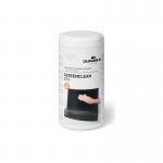 This photo features a pack of 100 bio-degradable white wet wipes in a Durable Screenclean Box. The wipes are designed for screen cleaning and come in a convenient and eco-friendly packaging. The packaging is labeled with the product name and brand.