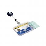 The photograph shows a pack of 10 durable name badges, each with a clear badge holder and a badge reel for dual security. The badges have no product codes and are ready for use.