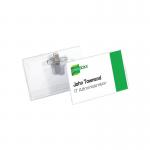 The image shows a pack of 50 transparent Durable Name Badges, each with a Combi Clip attachment, measuring 54x90mm. The badges are durable and perfect for displaying employee or event attendee names and titles.