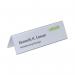 This picture shows a pack of 25 clear Durable Table Place Name Holders, each measuring 61x210mm. The name holders are designed as elegant, efficient placeholders for any event or occasion. They are easy to use and durable for long-lasting use.