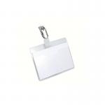 This photo features a pack of 25 Durable Visitor Badges with Rotating Clips. Each badge measures 60x90mm and has a clear design. The rotating clip allows for easy attachment to clothing.