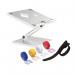 The durable laptop stand is adjustable and silver in color. It comes with free cable ties.
