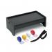 The image shows a durable and sturdy monitor stand in charcoal color with attached dust covers. The stand also comes with cable ties for added organization and tidiness.