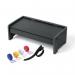 The picture shows a black Durable Effect Drawer attached to a sturdy monitor stand, with dust covers to protect the equipment. The package also includes cable ties for organization.