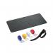 The photograph shows a charcoal colored desk mat with a durable effect and included cable ties. It is designed to protect your desk and organize cables.