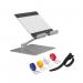 This photo features a sleek and modern silver durable adjustable tablet stand, paired with cable ties for organization. The stand can securely hold a tablet, making it perfect for hands-free use while working or relaxing.