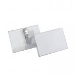 The Durable Name Badges are clear and measure 54x90mm. They come in a pack of 25 and each badge has a crocodile clip attached. The badges have the company logo and employees name printed on them. They are durable and designed to last.
