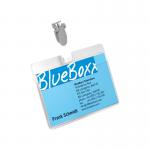 A pack of 25 Durable Name Badges with a rotating clip strap. Each badge measures 60x90mm and is made from clear material. Perfect for visitor identification and displaying names.