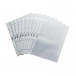 The image shows a pack of 10 durable punched pockets with transparent flipchart pockets in A4 landscape size. These pockets are designed to keep your documents protected and organized.