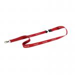 The picture shows a pack of 10 red Durable Soft Textile VISITOR Lanyards with Clip and Breakaway. These name badge accessories are sturdy and designed for durability. The lanyards are made from a soft textile material and are perfect for use in professional settings.