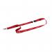 The picture shows a pack of 10 red Durable Soft Textile VISITOR Lanyards with Clip and Breakaway. These name badge accessories are sturdy and designed for durability. The lanyards are made from a soft textile material and are perfect for use in professional settings.