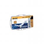 The photograph captures a set of Durable Name Badges and Dual Security Pass Card Holders, clear in color and measuring 54x85mm. The pack contains 50 pieces, each displaying the 999108000 and DB90928 identifiers. These high-quality holders are perfect for securely displaying identification cards.
