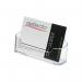 The photograph shows a sleek and modern Deflecto Business Card Holder, designed to hold multiple cards at once. The clear acrylic material allows for easy visibility of the cards inside. Perfect for any office or business setting.
