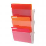 The picture features three Deflecto Wall Display Units containing Linked Wall File Pockets, each designed to hold A4 papers. The units are made of clear, durable material and have a modern, sleek appearance. The pockets are connected and arranged in a cascading design, making them perfect for organizing papers in any space.