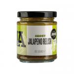 Six clear glass jars of J & A Food Smoky Jalapeno Relish stand in a neat grid. Each 190g jar shows chunky green relish through the glass, capped with a black lid. Bright labels wrap the jars, featuring the brand name, the product title and a small jalapeño illustration. A small chilli icon is shown.