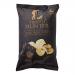 A glossy 125g black bag of Truffle Hunter Black Truffle Crisps sits among twelve identical packs arranged in a staggered grid. The packaging shows earthy brown and black tones, truffle illustrations, gold lettering and the brand logo, with a few crisps scattered in front. Soft light accents textures.