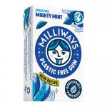 A glossy mint-green rectangular tin sits centered on a white background. The bold Milliways logo and Mighty Mint label appear on the lid. Stylized mint leaves and small white mints scatter around the tin; soft highlights and a faint shadow add depth. A metallic rim and soft embossed texture shimmer