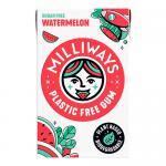 A rectangular pack of twelve Milliways gum and mint units sits on a white background. Each stick displays vivid watermelon art: pink flesh, green rind and scattered black seeds. The Milliways logo appears in bold, glossy packaging with playful typography and a fresh, colorful palette. Glossy accents