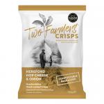 An open cardboard carton holds twelve 150g bags of Two Farmers Hereford Hop Cheese & Onion crisps. Each packet shows the Two Farmers logo, the flavour name and stylized cheese, onion and crisp imagery on printed, colorful packaging.