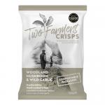 A cardboard box of 12 Two Farmers Mushroom & Wild Garlic 150g bags sits open and shows each bag's earthy green-brown packaging, brand logo, illustrated mushrooms and wild garlic, plus a photo of thick-cut crisps on the front.