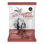 The image shows an open cardboard box revealing 24 compact 40g packets of Two Farmers crisps. Each red-brown packet bears the Two Farmers logo, 'Hereford Bullshot' text and a stylized Hereford bull illustration, plus a photo of golden crisps on the wrapper.