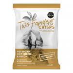 A photo shows a cardboard tray containing 24 individual 40g Two Farmers crisps bags. Each bag features a green and cream design with Hereford Hop Cheese & Onion text, illustrations of cheese, onion slices and hop cones, a Hereford cow silhouette and scattered crisp chips. Gloss finish catches light.